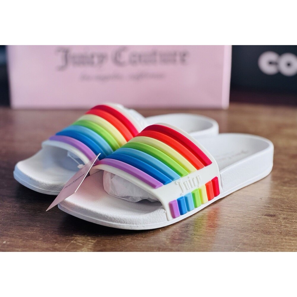 Women’s Size 8 Juicy Couture JC-Wynnie White Rainbow Multi Slide Sandals NIB